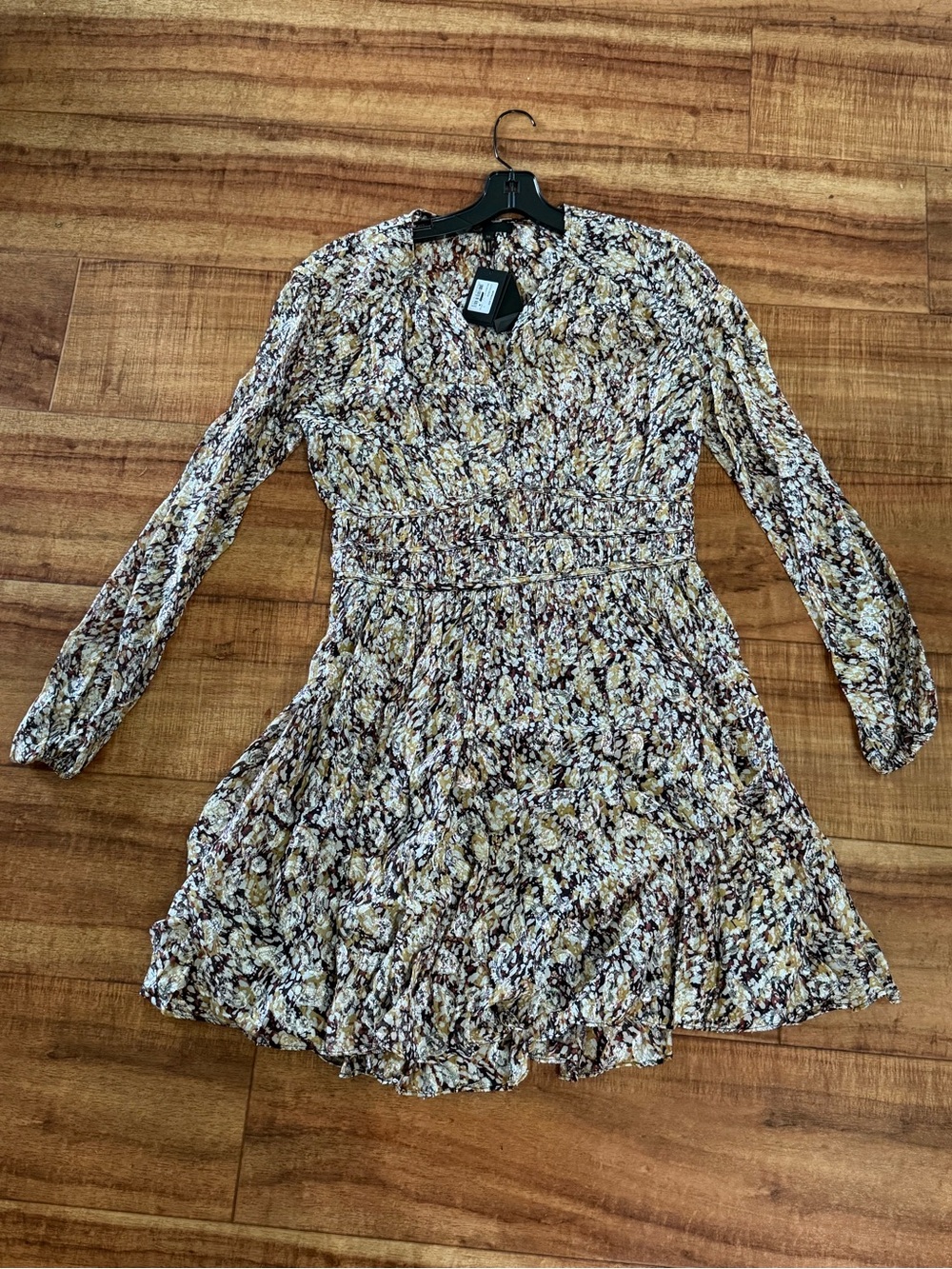 Maje Animalier Print Long-Sleeve V-Neck Tiered Mini Dress in Multi-Color NWT